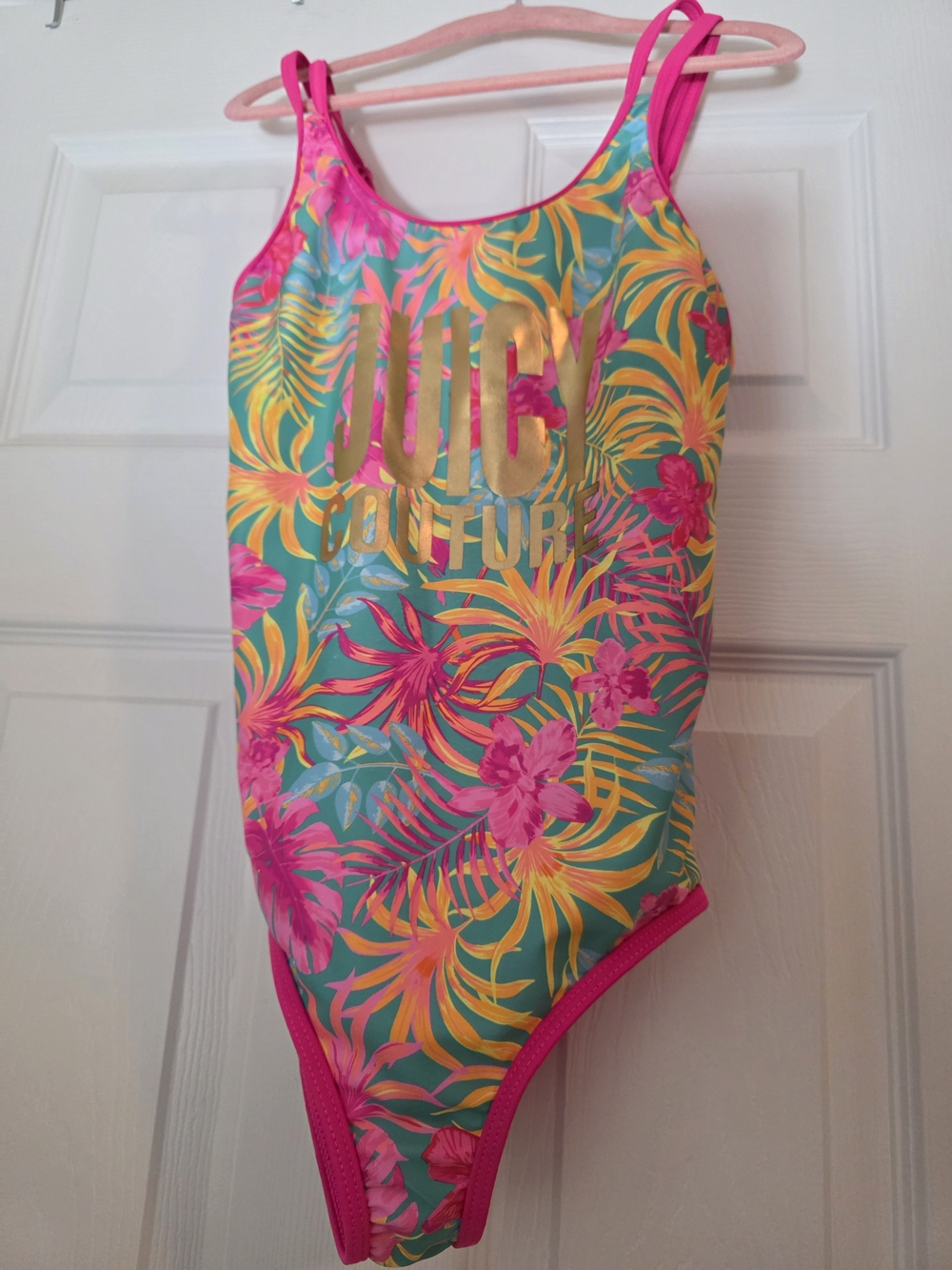 Juicy Couture Teal One-Piece Swimsuit with Pink & Yellow Tropical Print